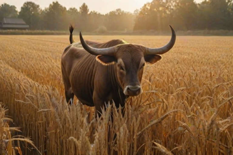 animanflux,This is a surrealistic realistic photography,in traditional Chinese attire, Tang dynasty, In the peaceful fields, an anthropomorphized ox is slowly plowing. The field is illuminated by the sun, golden waves of wheat roll over, and the air is filled with the aroma of earth and crops. Its eyes were gentle and determined, and its face wore a hint of satisfaction, as if it was enjoying the fruits of its labor. Dressed in a brown cloth coat embroidered with farming tools and the pattern of the five grains, it looks simple and industrious, and the hem of the cloth coat swings gently with its steady pace, as if telling the story of the field. In the field, the ears of wheat hang down their heads heavily, and its cloth gently swings with them, the whole scene is full of the joy of harvest.