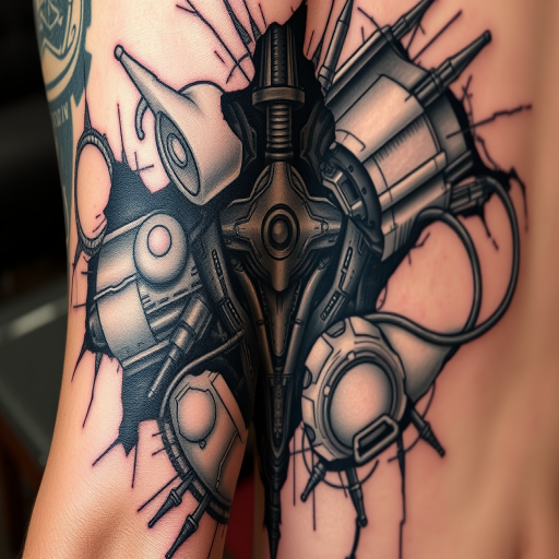 Biomechanical tattoo called "Cybernetic Fusion" blending organic forms with mechanical elements, creating the illusion of exposed robotic parts beneath torn skin using shades of gray and metallic accents