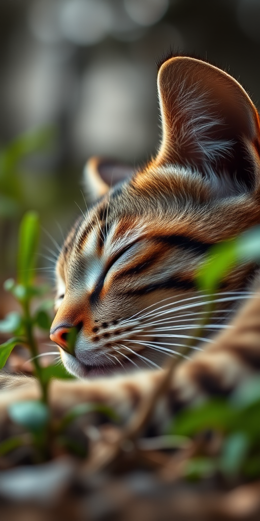 Capture a close-up of a sleeping tabby cat in a natural setting, with a shallow depth of field, using a DSLR camera set to ISO 100, aperture f/2.8, shutter speed 1/250s, in soft natural light to enhance contrast and detail.
