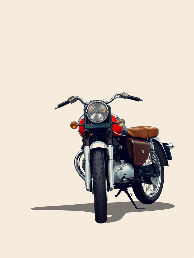 High-resolution illustration of a vintage motorcycle against a neutral background, captured with a DSLR camera, 50mm lens, f/1.8 aperture, ISO 200, natural lighting, top-down view for clarity and detail.