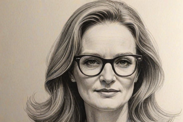 Comely Melissa Leo, pencil sketch, portrait of Captivating woman 1961s in glasses, hair style beatnik, outline, clear lines, fine lines, 8k