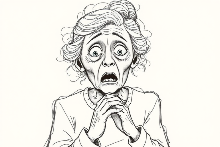 scribbly unfinished sketch, old lady with messy gray hair in a loose bun, surprised expression, mouth open, hands clasped together in front of her chest. Her eyes are wide, eyebrows are furrowed. vibe of shock or surprise.