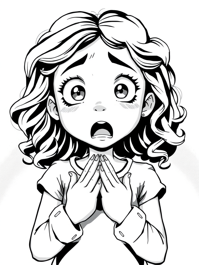 The image is a black and white illustration of a young girl with curly hair. She has a surprised expression on her face with her mouth open and her hands clasped together in front of her chest. Her eyes are wide and her eyebrows are furrowed. Her hair is styled in loose curls that are cascading down her back. The overall mood of the image is one of shock or surprise.