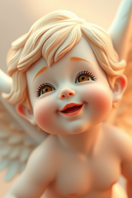 Create a high-resolution digital illustration of a cherubic figure with wings, in soft pastel colors, featuring a playful expression, captured in a close-up view using a DSLR camera at f/2.8 aperture, 50mm lens, and natural lighting for a warm tone.
