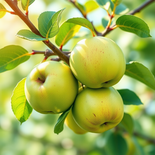 create a vibrant watercolor illustration of green apples on a tree branch capturing soft light, with a shallow depth of field at f/2.8, ISO 100, using a Canon EOS R5 in portrait orientation for enhanced detail and color saturation