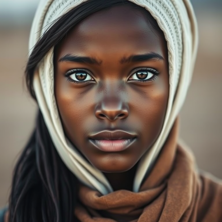 Create a portrait of a young Zulu woman with long, dark hair and captivating hazel eyes. She is wearing a white headscarf and a matching scarf draped gracefully around her neck. The background is softly blurred, focusing attention on her serene and natural expression. The overall color palette is muted and warm, enhancing the intimate and authentic feel of the portrait.