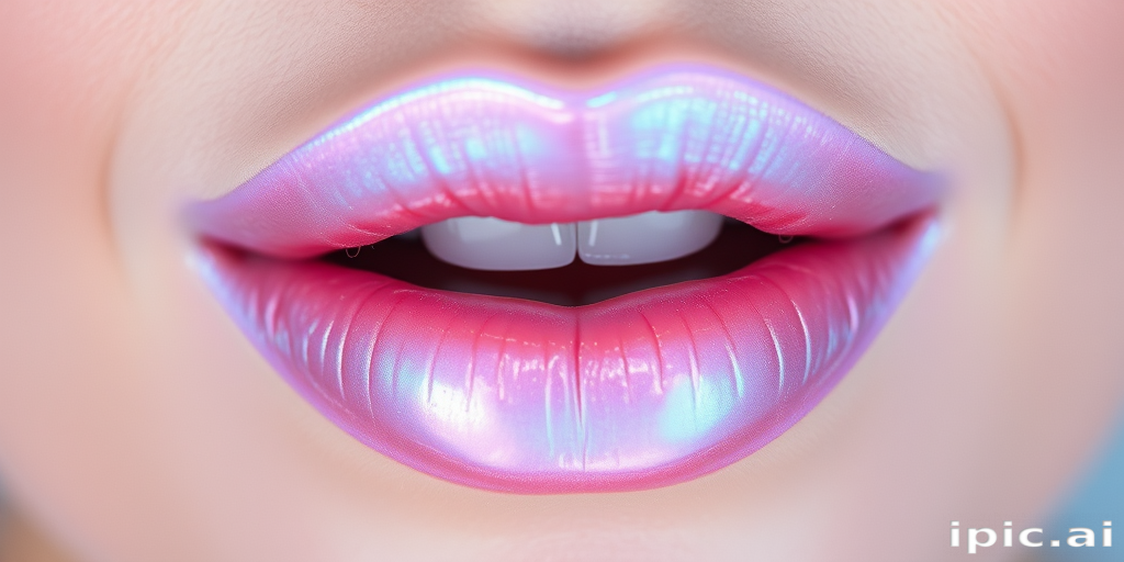 Ethereal iridescent lips shimmer with pearlescent hues, transforming from pale pink to soft blue depending on the angle of view
