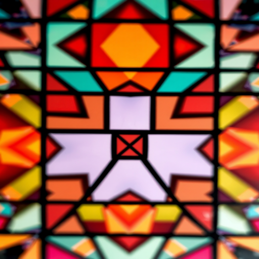 Capture a high-resolution image of an abstract geometric pattern with rich colors and sharp contrasts, using a DSLR camera with a 50mm lens, aperture set to f/1.8, ISO 200, at a shutter speed of 1/125s, focused with a slightly blurred background for depth, ensuring a vibrant and detailed composition.