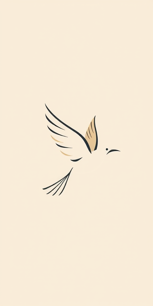 Create a minimalist design of a flying bird with elegant lines and soft colors against a light beige background, using a DSLR camera, 50mm lens, aperture f/2.8, shutter speed 1/200s, ISO 100, high dynamic range for enhanced detail and clarity.