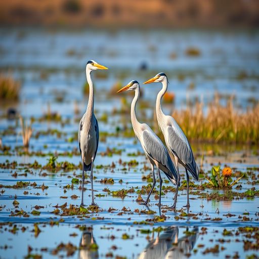 A group of three elegant herons standing in a serene wetland, captured with a DSLR camera, 50mm lens at f/2.8, natural lighting, with high dynamic range settings for vibrant colors and sharp details.
