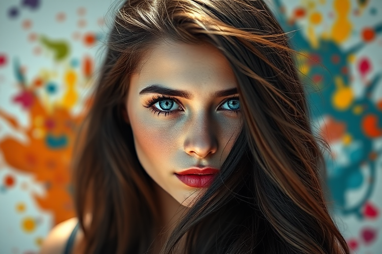 Generate a portrait of a young woman with long, flowing dark hair and captivating blue eyes, surrounded by an abstract splash of colors, using a Canon EOS R5 with a 50mm f/1.2 lens, natural lighting for soft shadows, and a shallow depth of field to enhance focus on the subject.