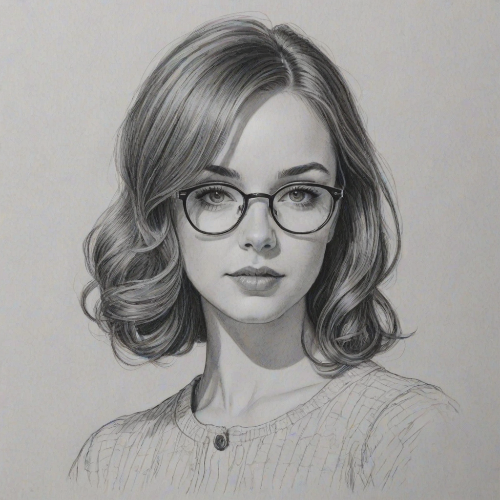 Bewitching Haley Ramm, pencil sketch, portrait of Exquisite woman 1964s in glasses, hair style beatnik, outline, clear lines, fine lines, 8k