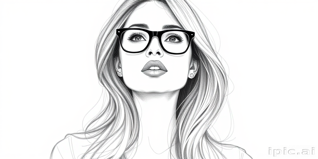 hot mia khalifa, pencil sketch, portrait of beautiful woman 60s in glasses, hair style beatnik, outline, clear lines, fine lines, 8k