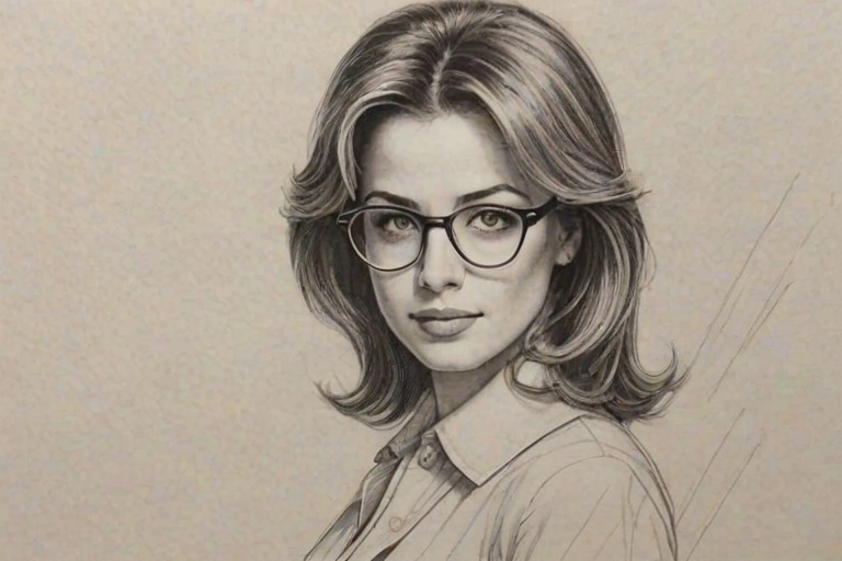 Wonderful Freddie Prinze Jr., pencil sketch, portrait of Gorgeous woman 1980s in glasses, hair style beatnik, outline, clear lines, fine lines, 8k