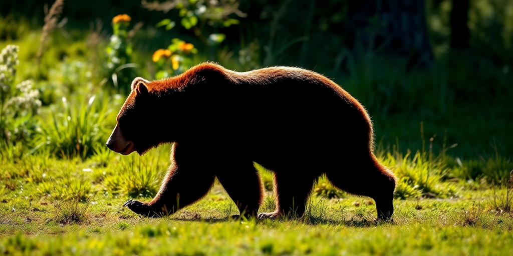 Generate a high-resolution image of a bear silhouette walking, captured with a Canon EOS R5 at f/8, ISO 200, 1/500s, with a shallow depth of field and natural lighting, in a side view perspective.