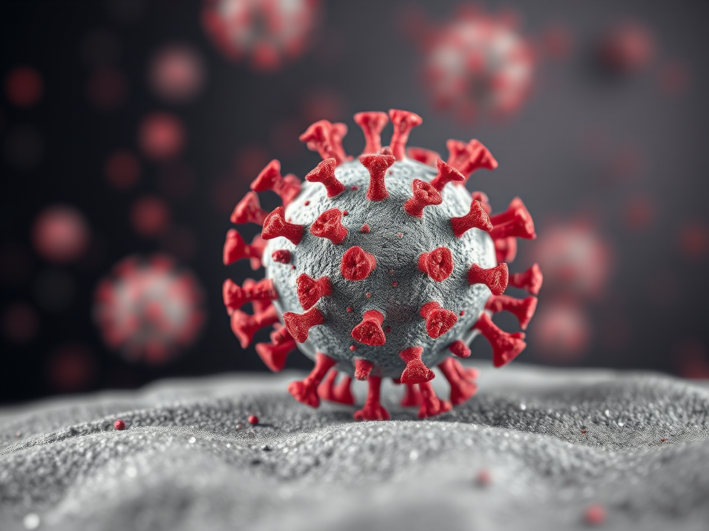 highly detailed 3D rendering of a virus on a textured surface, macro view, soft diffused lighting, aperture f/2.8, ISO 100, shutter speed 1/60s, DSLR camera, focus on foreground virus particles with blurred background particles