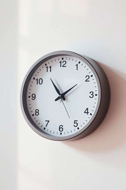 Create a high-resolution image of a simple wall clock showing 2:30, with a clean white face, black hour and minute hands, circular gray frame, shot in soft natural light, using a DSLR camera with a 50mm lens, aperture f/2.8, ISO 100, and focused view.