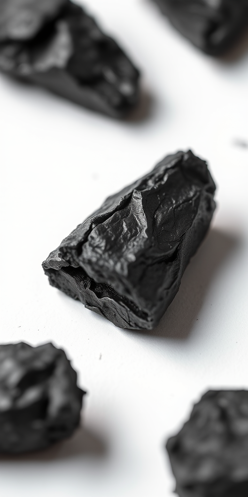 Generate a high-resolution image of a piece of black charcoal on a white background, with soft natural lighting, macro lens, f/2.8 aperture, ISO 100, using a DSLR camera to highlight the texture and details of the surface.
