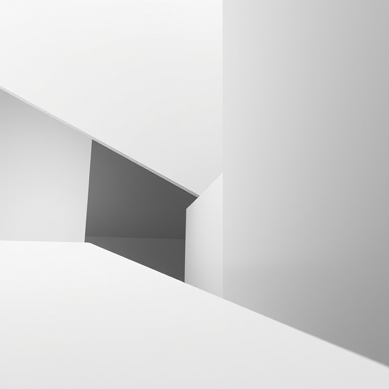 Create an abstract design featuring geometric shapes with a monochromatic color scheme, captured using a Canon EOS R5 with a 50mm f/1.8 lens at ISO 100, f/2.8, and a low-angle perspective to enhance depth and detail.