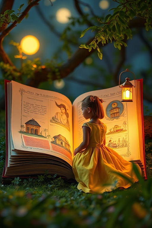 Create a fantasy scene featuring a large, open book with enchanting illustrations, a girl in a flowing yellow dress gazing at the book, surrounded by lush greenery, a lantern illuminating the scene, moonlight casting a mystical glow, shot with a Canon EOS R5, 35mm lens, f/1.8 aperture, ISO 100, with a soft focus background to enhance depth.