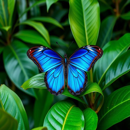 Generate an image of a vibrant blue butterfly perched on lush green leaves in a tropical setting, capturing the intricate patterns on its wings and the rich textures of the foliage around it.