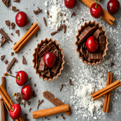still life photography of chocolate molds with chocolate shavings, cherries, cinnamon sticks, and a sprinkle of flour, taken with a DSLR camera, 50mm lens, f/2.8 aperture, 1/125s shutter speed, natural light, overhead view, high contrast, vibrant colors.