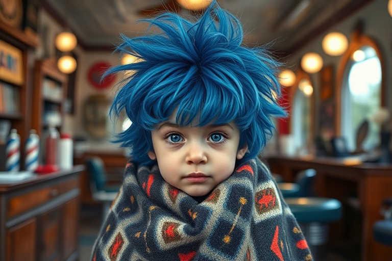 Capture a portrait of a young child with wild, fluffy blue hair wrapped in a patterned blanket, set in a vintage barber shop filled with nostalgic decor, using a Canon EOS R5, 50mm lens, aperture f/1.8, ISO 200, natural lighting, and shallow depth of field to enhance detail and focus on the child's expressive eyes.