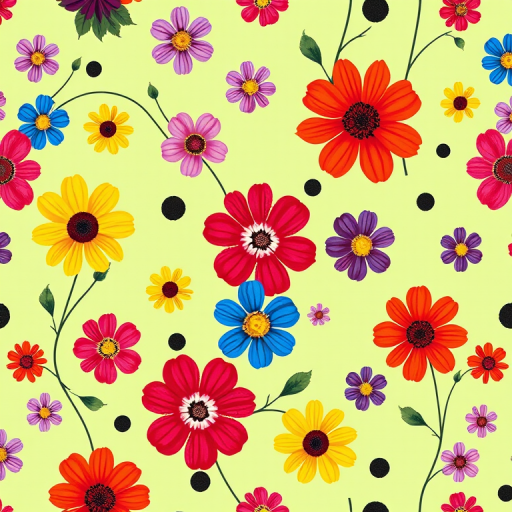 Create a vibrant floral pattern with a light green background featuring various flowers in red, yellow, blue, and purple, with dark circular accents, captured with a Canon EOS R5, 24mm lens, f/8 aperture, ISO 200, and natural lighting to enhance detail and color saturation.