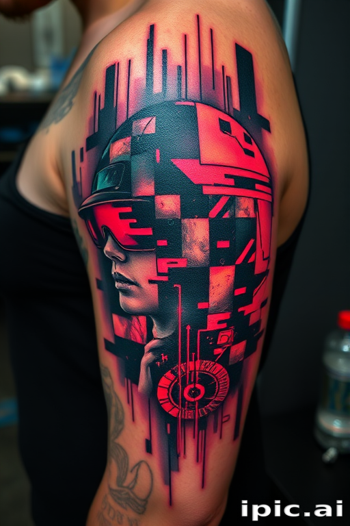 Glitch art tattoo called "Digital Disruption" incorporating pixelated elements distorted images and neon colors to create a futuristic cyberpunk-inspired design with a technological edge