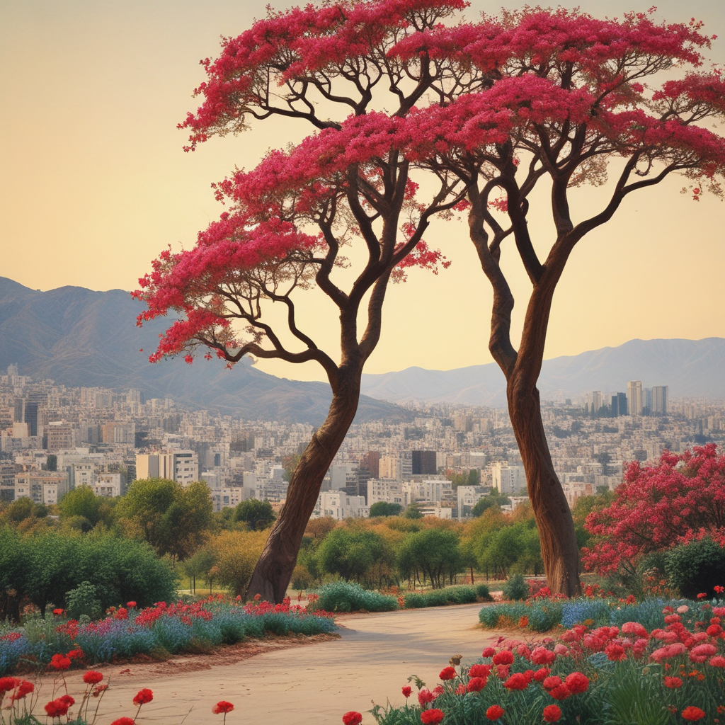 Tehran city filled with flowers and trees with art nouveau styled ...