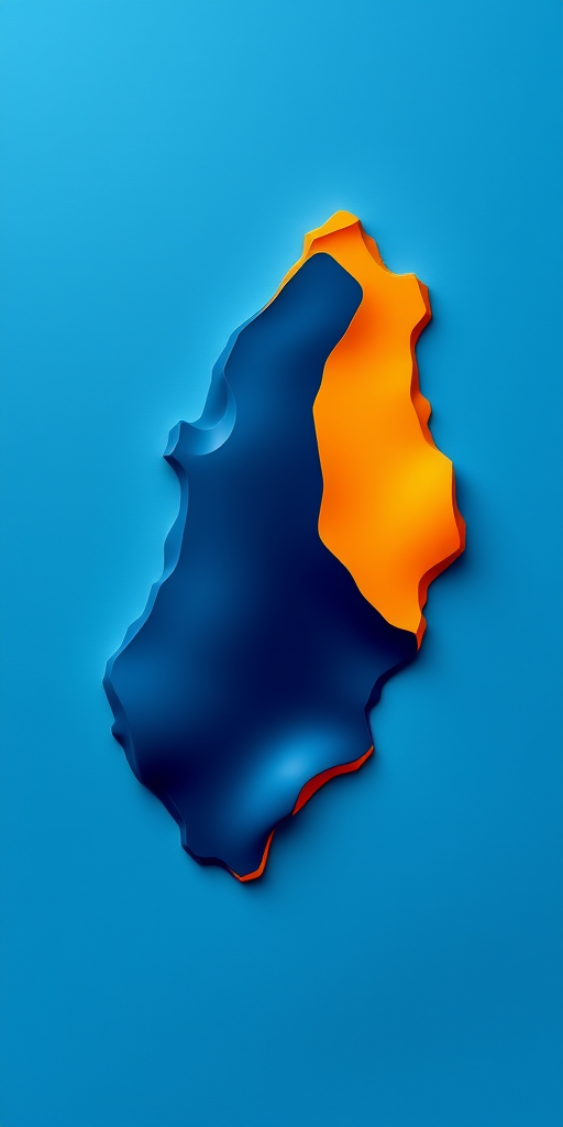 Create a detailed illustration of two abstract island shapes, one in deep blue and the other in bright orange, with smooth gradients and crisp outlines, shot with a DSLR camera at f/8 aperture, 50mm lens, daylight setting, top-down view.