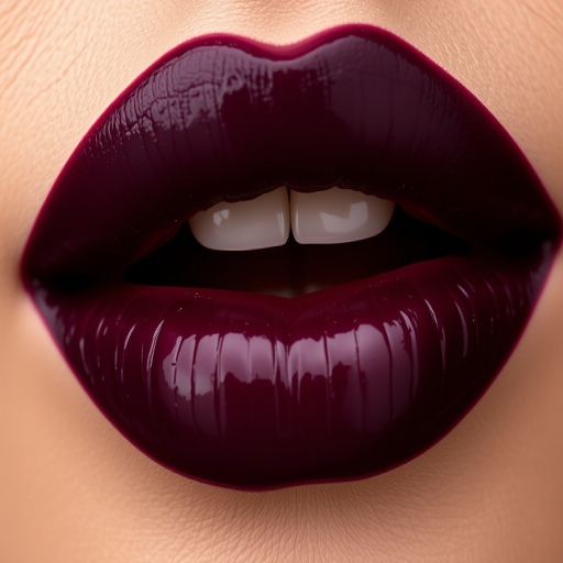 Deep plum lips with a glossy, wet-look finish, radiating intensity and drama for a bold, vampy aesthetic