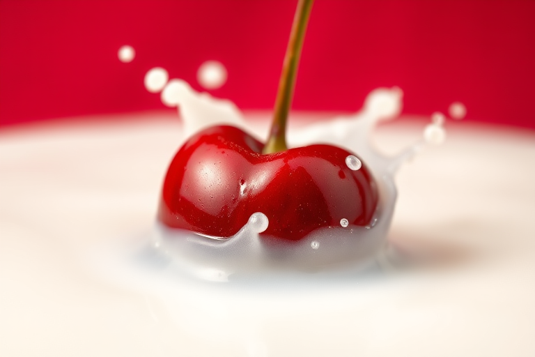 a close-up shot of a red cherry splashing into a pool of creamy milk, high-speed photography, 1/2000s shutter speed, f/2.8 aperture, ISO 100, DSLR camera, soft focus background, vibrant colors