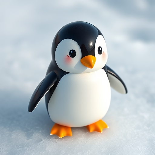 Generate a cute cartoon penguin with a glossy finish standing on a smooth ice surface, soft natural lighting, 50mm lens, f/2.8 aperture, ISO 100, shot from a low angle to emphasize its character.