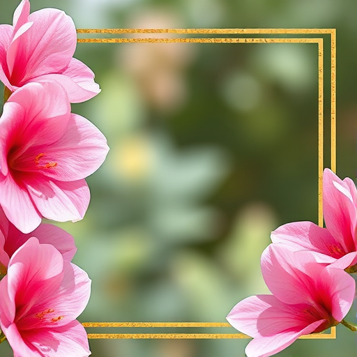 Regenerate an elegant floral frame featuring pink flowers on one side, with a geometric golden border, shot in a close-up view, using a DSLR camera with a 50mm lens, aperture f/2.8, ISO 100, and natural lighting to enhance colors and details.
