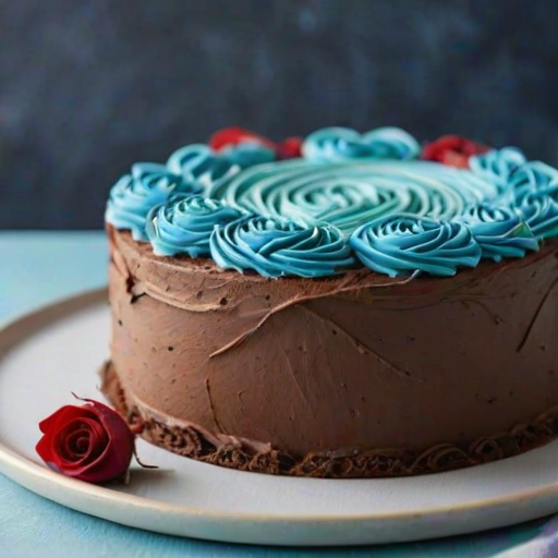 Generate an image of a round cake decorated with a floral design made of buttercream frosting. The cake should have swirls of dark blue and rich brown frosting forming roses, along with small white piped decorations. The cake sits on a light blue plate with a simple background.
