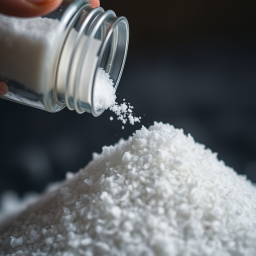 Create a high-resolution image of a salt shaker pouring salt onto a pile of granulated salt, using a close-up perspective, with a shallow depth of field, shot at f/2.8, ISO 100, and a 50mm lens.