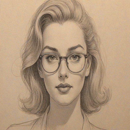 Bewitching Kendall Vertes, pencil sketch, portrait of Graceful woman 1944s in glasses, hair style beatnik, outline, clear lines, fine lines, 8k