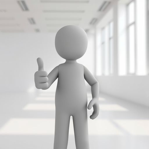 create a 3D rendering of a simplistic gray humanoid figure giving a thumbs up in a bright, evenly lit environment, camera settings: f/4 aperture, ISO 100, shutter speed 1/125s, camera view: eye-level angle, camera style: realistic, camera type: DSLR