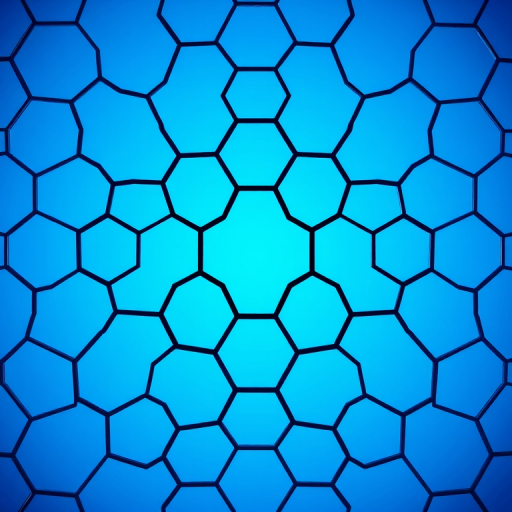 Create a high-resolution image of a hexagonal pattern with a gradient blue background, using a DSLR camera with a 50mm lens, f/8 aperture, ISO 100, 1/200 sec shutter speed, viewed from a slightly elevated angle to enhance depth and texture.