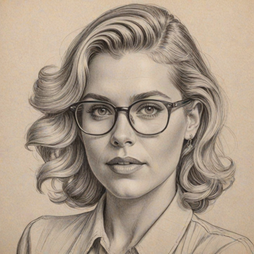 Delightful Busy Philipps, pencil sketch, portrait of Graceful woman 1939s in glasses, hair style beatnik, outline, clear lines, fine lines, 8k