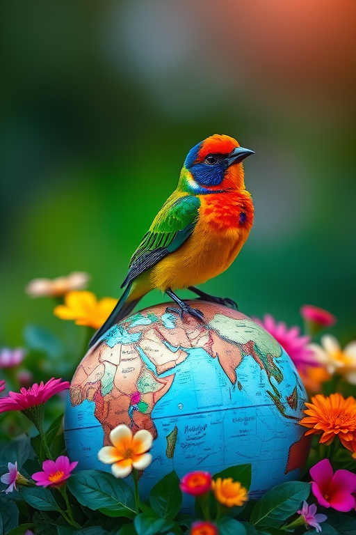 Create a vibrant image of a colorful bird perched on a lush globe surrounded by flowers, shot with a Canon EOS R5, 50mm lens, f/1.8 aperture, ISO 100, in a high dynamic range style with a soft focus background and vivid colors.