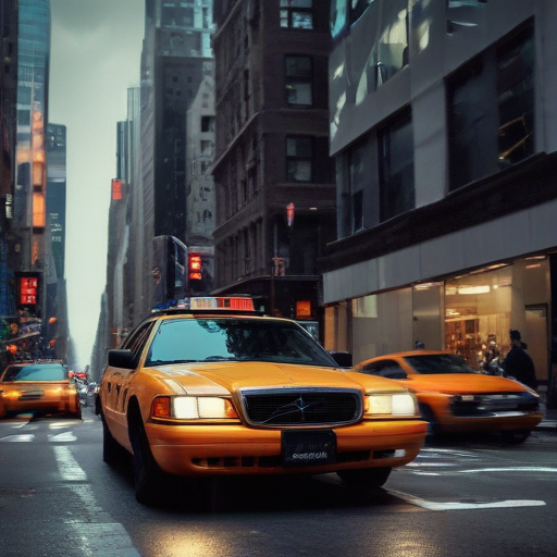 Vibrant Yellow Taxi Driving Through a Busy Urban City Street Scene