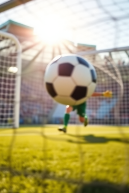 Blurry action shot of a soccer ball mid-flight, just about to hit the goal net, with the goalkeeper diving in vain, and soft sunlight creating lens flares in the background.