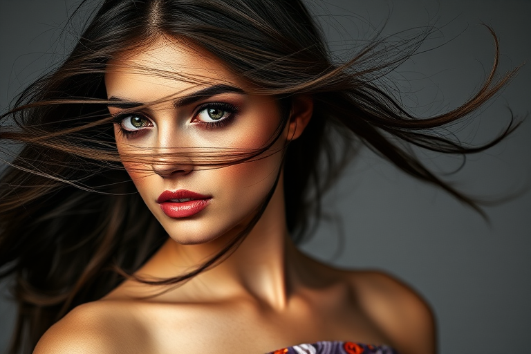 Photographic image of a beautiful young Sephardic woman, green eyes, lips with white lipstick, long hair fluttering in the wind and wearing a silk strapless dress with a soft purple and orange print. monochrome image with only color highlights in the iris of the eyes, lipstick and dress. Gray background.