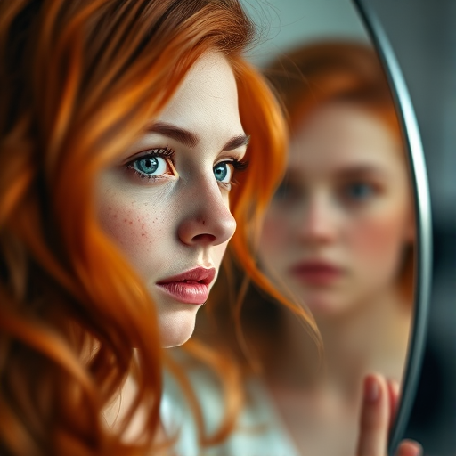 Portrait of a woman with red hair and freckles gazing into a mirror, soft natural light, shallow depth of field, 50mm lens, f/1.8 aperture, ISO 100, captured with a full-frame DSLR camera, indoor setting.