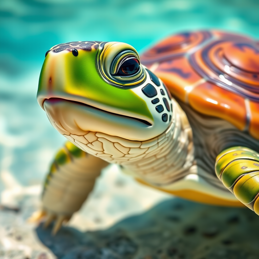 Create a vibrant cartoon-style image of a green turtle with a brown shell, using a Canon EOS R5 camera, 24mm lens at f/8, captured from a low angle in bright daylight to enhance colors and details.