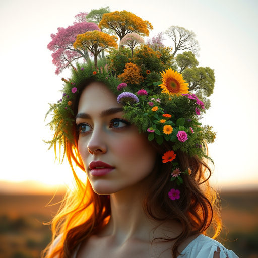 Create a surreal portrait of a woman with her hair transformed into a vibrant landscape filled with flowers and trees, using a Canon EOS R5 with a 50mm f/1.2 lens, aperture set to f/2.8, ISO 100, shot in natural light at golden hour, capturing vivid colors and intricate details to enhance image quality.