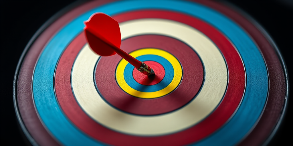 Create a high-resolution digital illustration of a dart piercing the center of a colorful bullseye target, using a macro lens with an aperture of f/2.8, ISO 100, and a 50mm focal length to enhance detail and contrast in vibrant colors against a dark background.