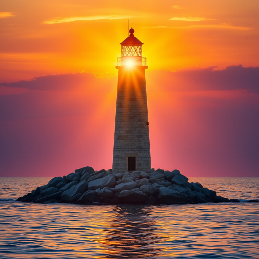 Generate an image of a tall lighthouse perched on a rocky outcrop surrounded by calm ocean waters during a breathtaking sunset. The lighthouse stands sturdy and weathered, its stone surface illuminated by the warm golden light of the setting sun. The sun's rays pass directly through the glass lantern room at the top of the lighthouse, casting a brilliant light across the scene. The sky is painted with vibrant shades of orange, pink, and purple, reflecting off the tranquil sea. The surrounding water shimmers with the same warm hues, creating a serene and majestic atmosphere.
